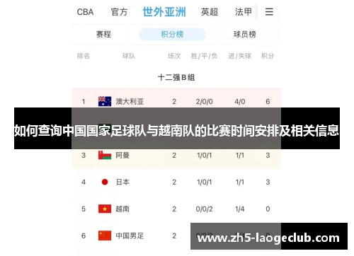 如何查询中国国家足球队与越南队的比赛时间安排及相关信息