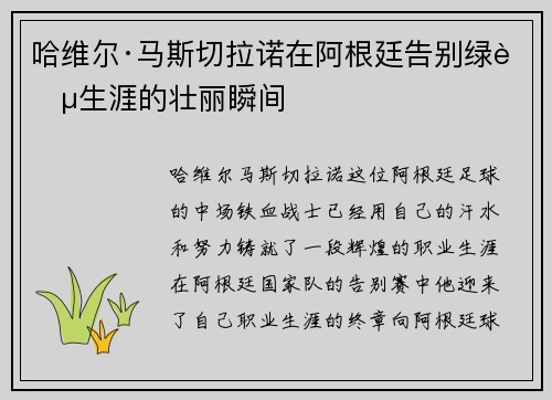 哈维尔·马斯切拉诺在阿根廷告别绿茵生涯的壮丽瞬间