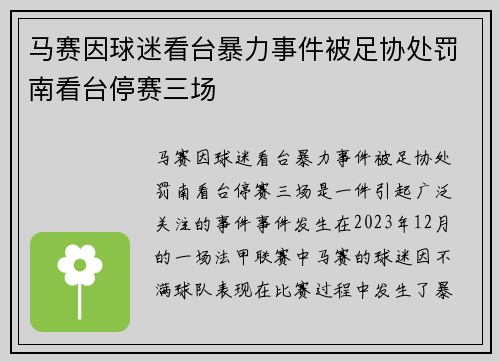 马赛因球迷看台暴力事件被足协处罚南看台停赛三场