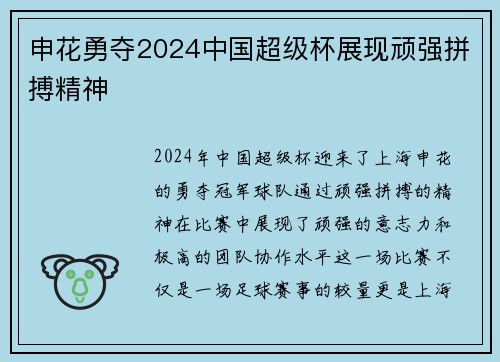 申花勇夺2024中国超级杯展现顽强拼搏精神
