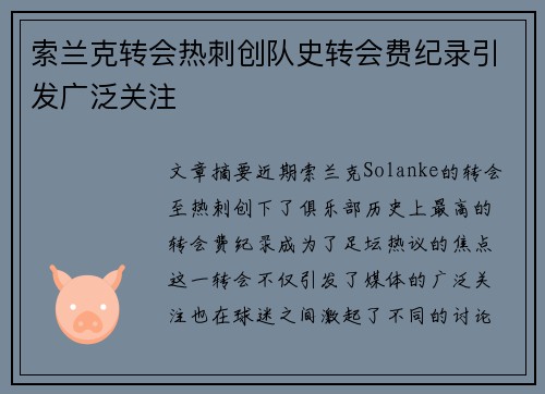 索兰克转会热刺创队史转会费纪录引发广泛关注 索兰克转会热刺创队史转会费纪录引发广泛关注